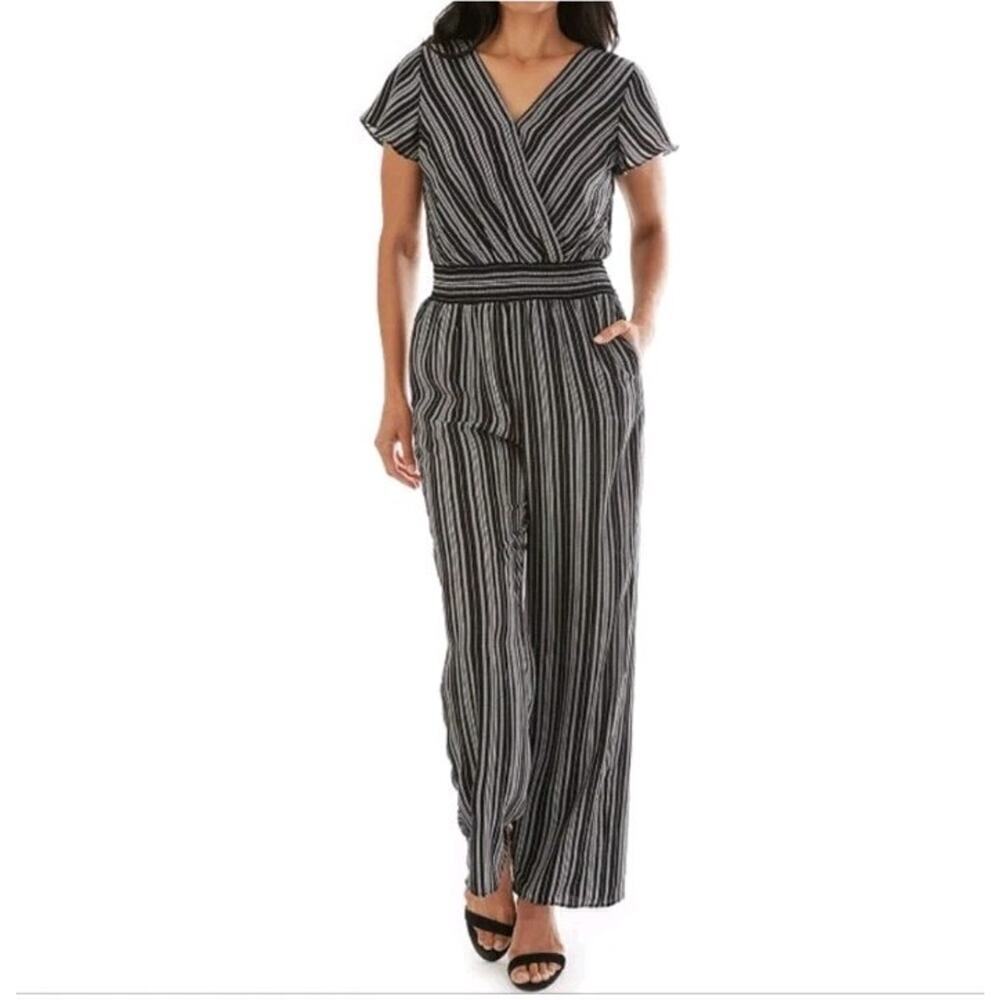 Apt 9 Women's XXL Flutter Sleeve Striped Chambray Black White Jumpsuit Wide Leg